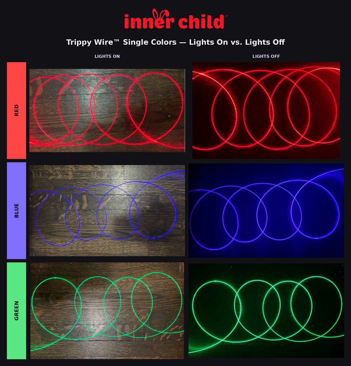 Red, blue, and green Trippy Wire loops photographed with room lights on and off.